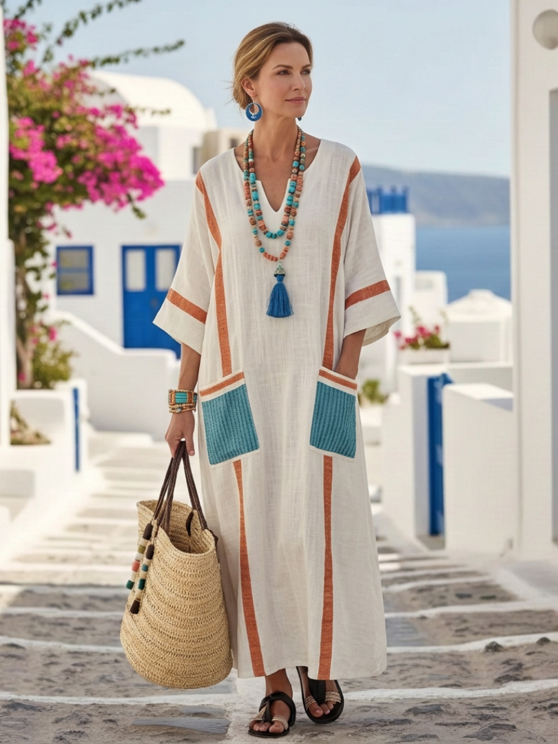 Noemi | Vestito Maxi con Collo a V e Maniche Corte con Tasche